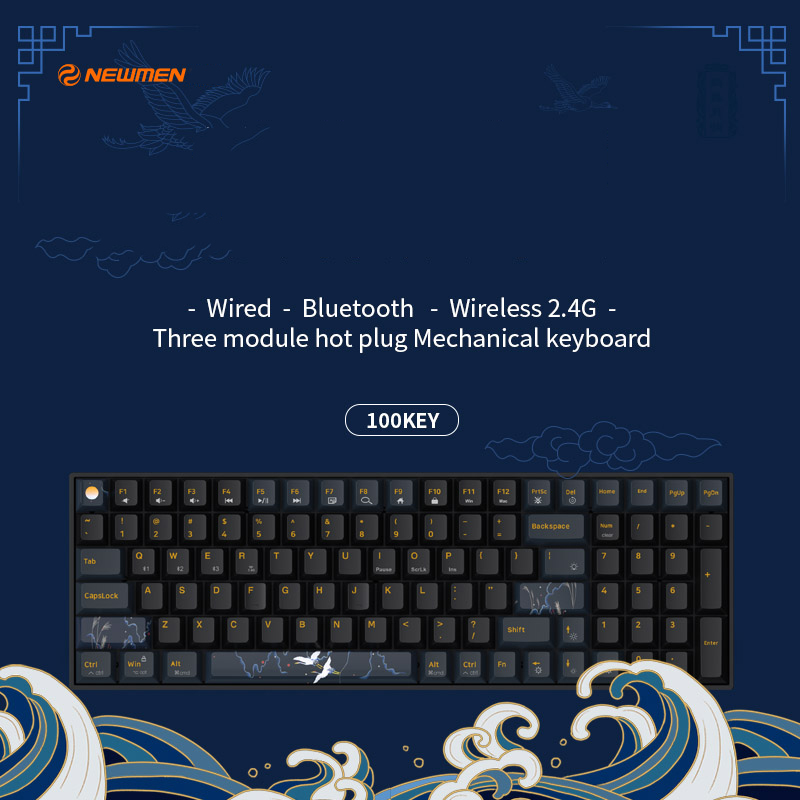 Bàn phím cơ không dây Dual Mode Newmen GM1000(Phiên bản Tiên Hạc-Trăng &amp; Mây đặc sắc),Hotswap,Keycap PBT double-shot,LED RGB, đa chế độ kết nối (Bluetooth 5.0/Wired/2.4G)-Hàng chính hãng, bảo hành 24 tháng