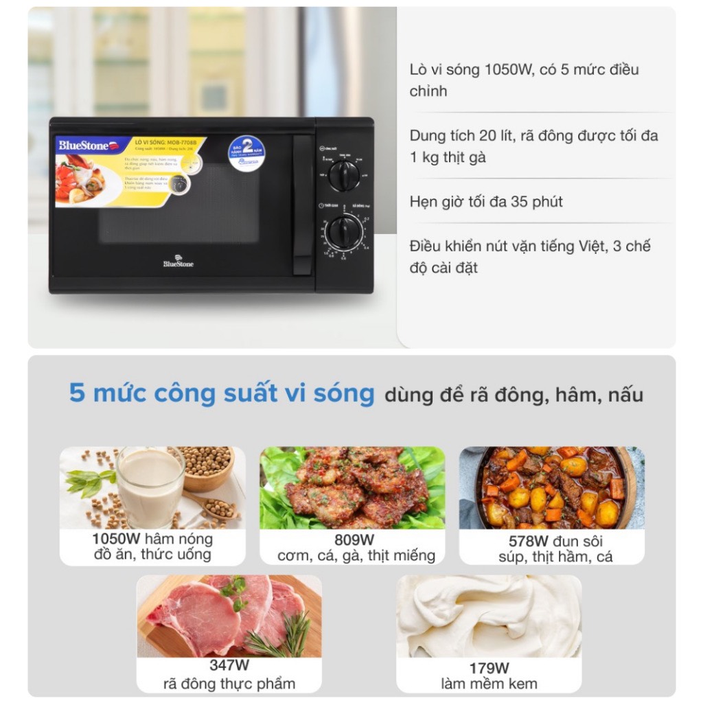 Lò Vi Sóng BlueStone MOB-7708B, Dung Tích 20L, Công Suất Cao 1100W , Hàng chính hãng