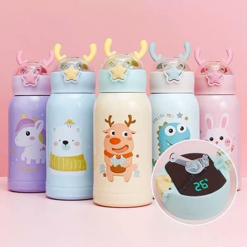 Bình Nước Giữ Nhiệt Inox Cao Cấp 500ml Hình Hươu Cute Cho Bé Có Ống Hút,Bao Đựng và Dây Đeo