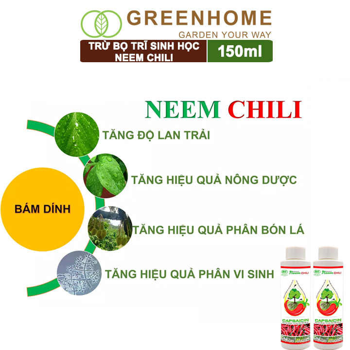 Dầu Neem Oil Sinh Học Greenhome, Neem Chill, 150ml, Kết Hợp Tinh Dầu Tỏi, Ớt, Trừ Bọ Trĩ, Nhện Đỏ, Rầy, Rệp Sáp Cho Cây