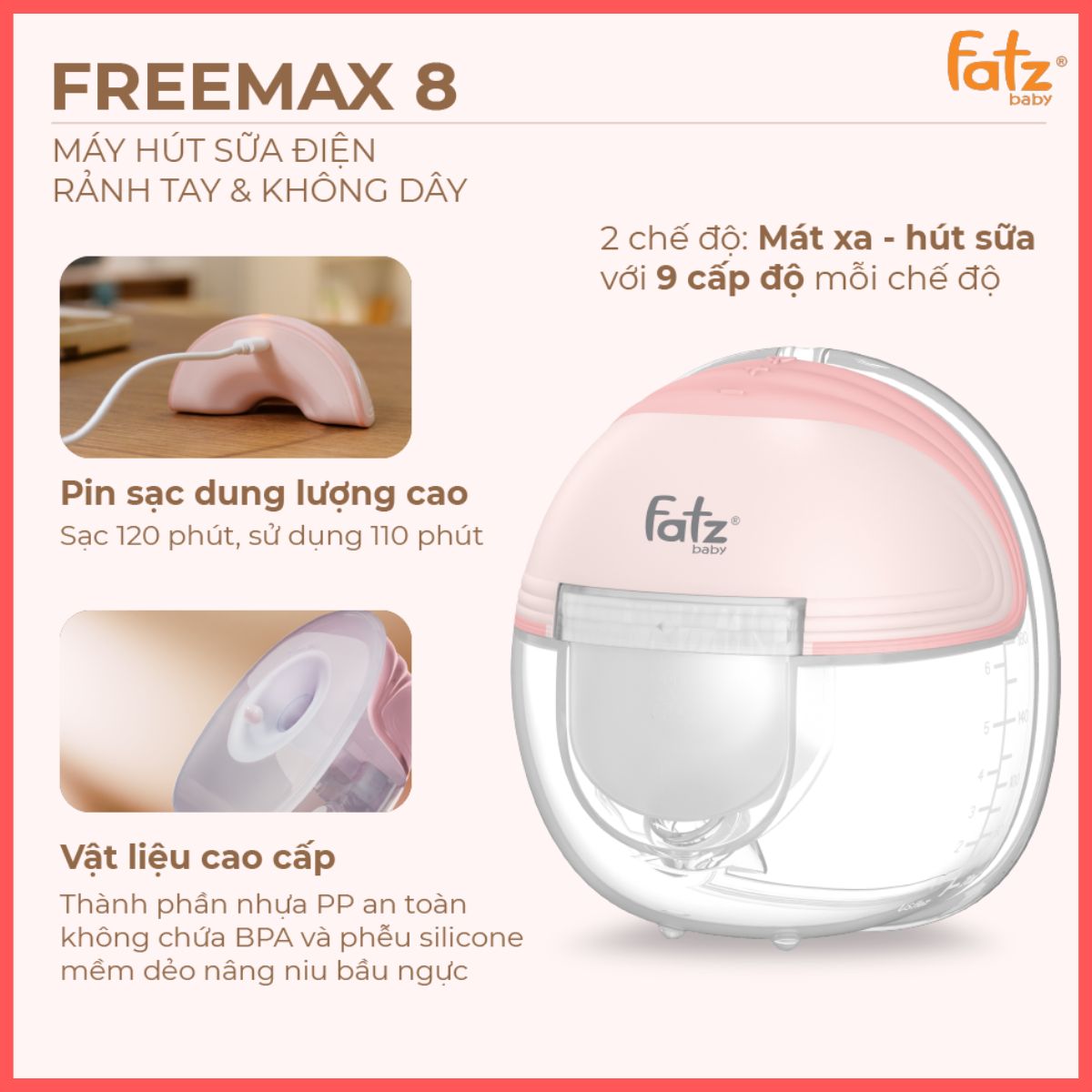 Máy hút sữa điện rảnh tay không dây êm ái nhẹ gọn đẹp - FREEMAX 8 (1 chiếc) + tặng 10 túi sunmum mini