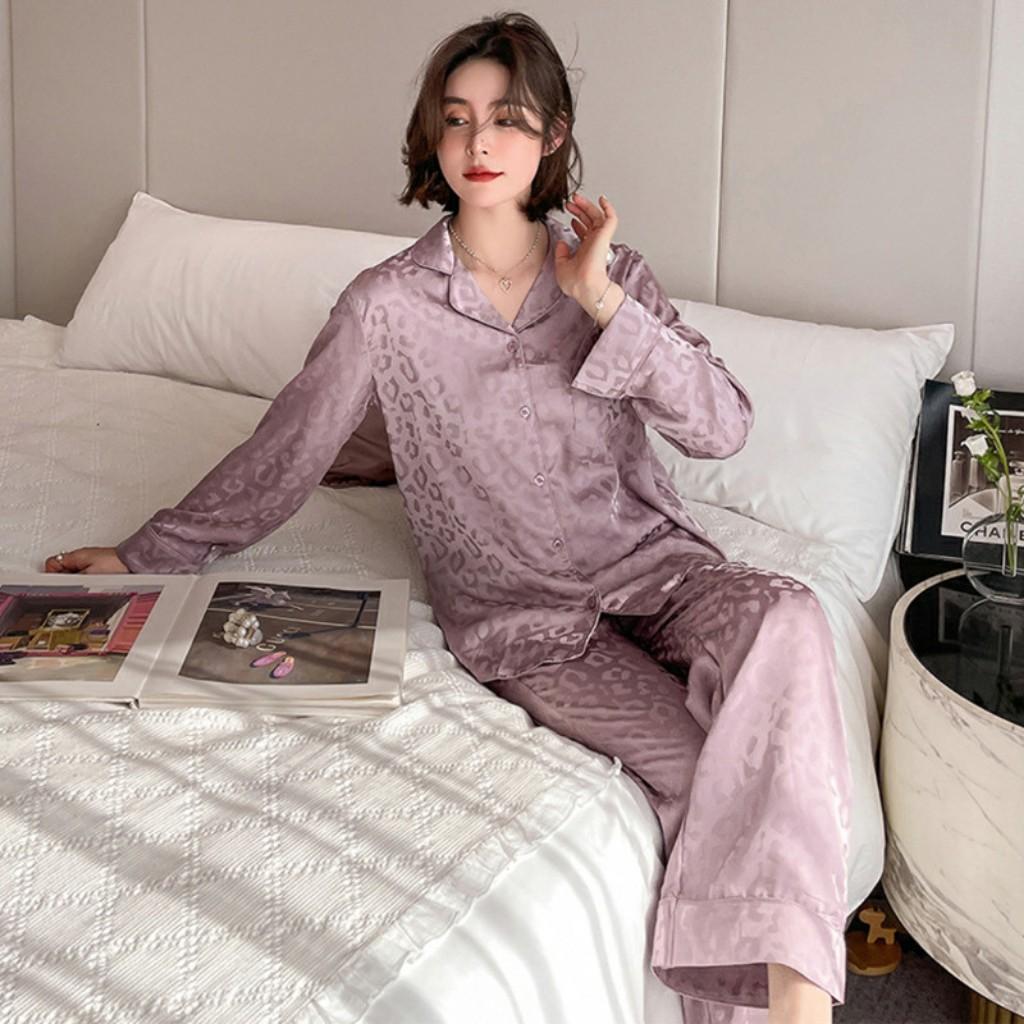 Bộ đồ ngủ, bộ ngủ nữ pijama lụa cao cấp Quảng Châu dài tay họa tiết sang trọng