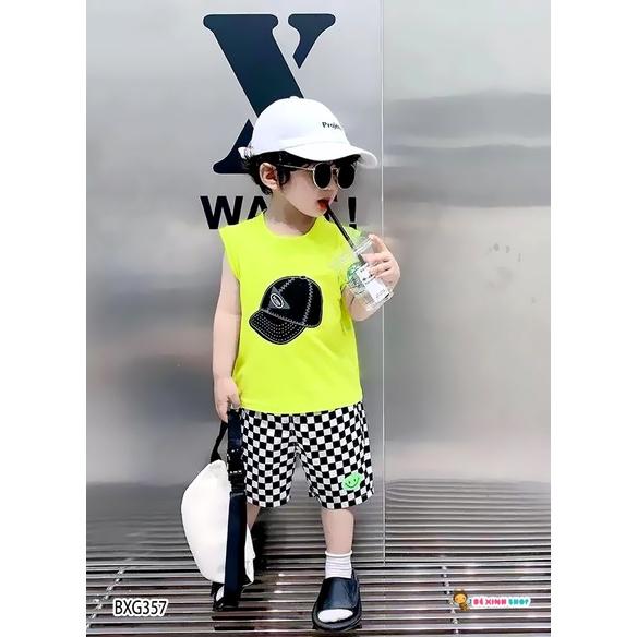 Bộ Áo Sát Nách In Nón Quần Caro Dễ Thương Cho Bé Trai