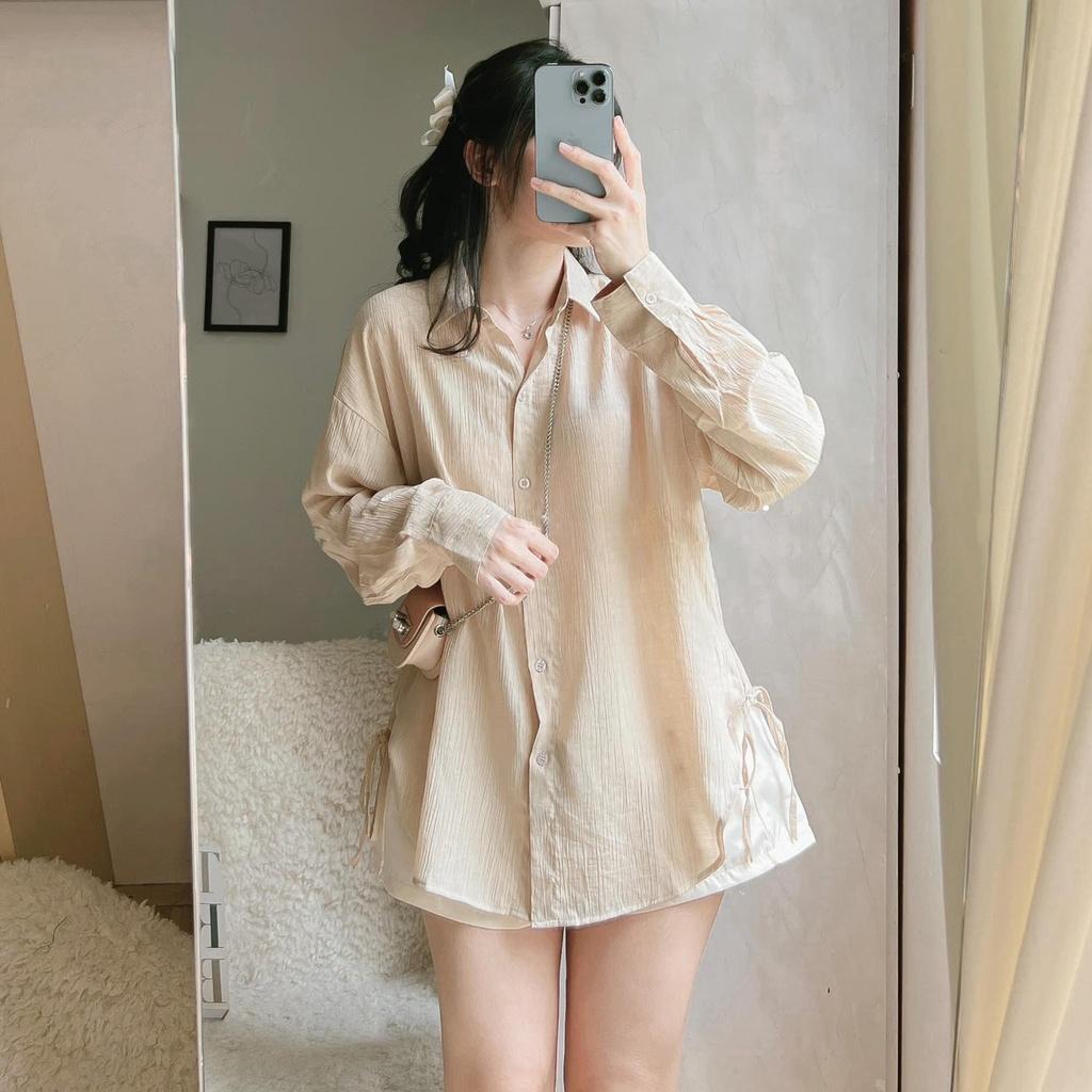 Set áo sơmi xanh bơ cột dây phối quần suông trắng