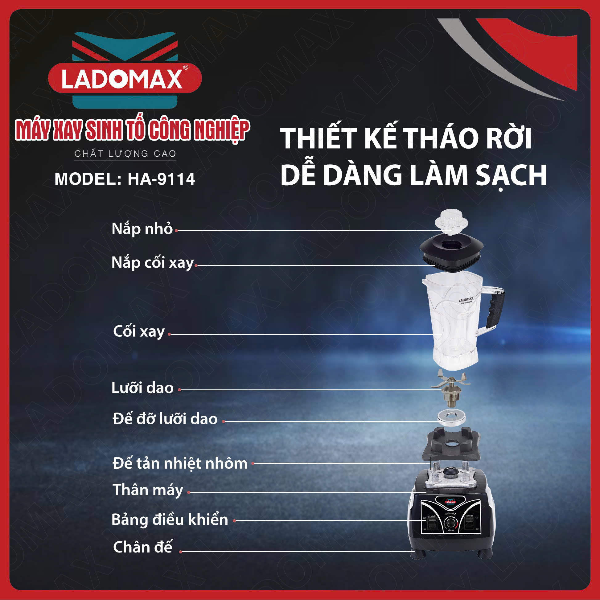 Máy xay sinh tố công nghiệp 2380W Ladomax chống rung ồn, inverter tiết kiệm điện, chân đế nhôm tản nhiệt tốt, moto lõi đồng, xay rau má, xay đá, sinh tố...có linh kiện thay thế - Hàng chính hãng