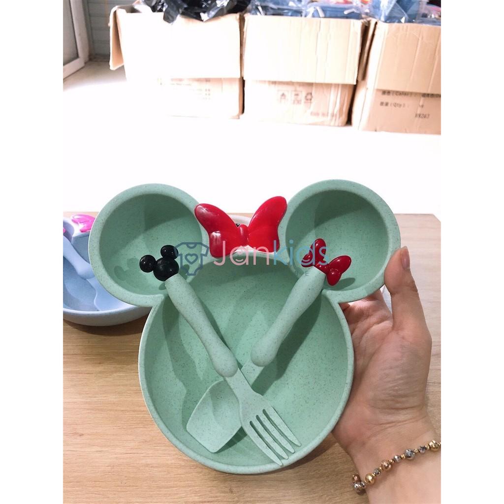 Khay ăn dặm lúa mạch kèm thìa dĩa cho bé hình Mickey (sỉ, lẻ)