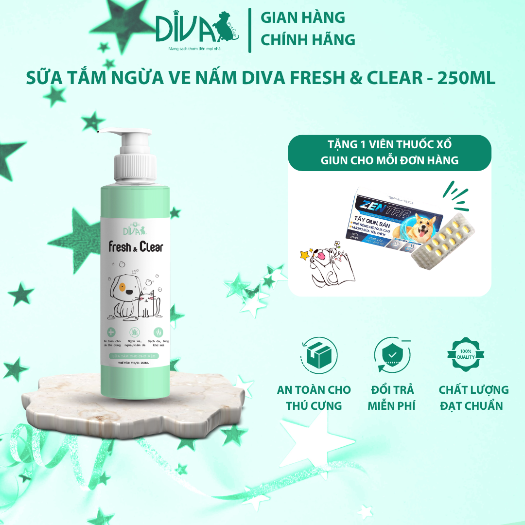 SỮA TẮM NGỪA VE NẤM CHO CHÓ MÈO DIVA FRESH &amp; CLEAR 250ML