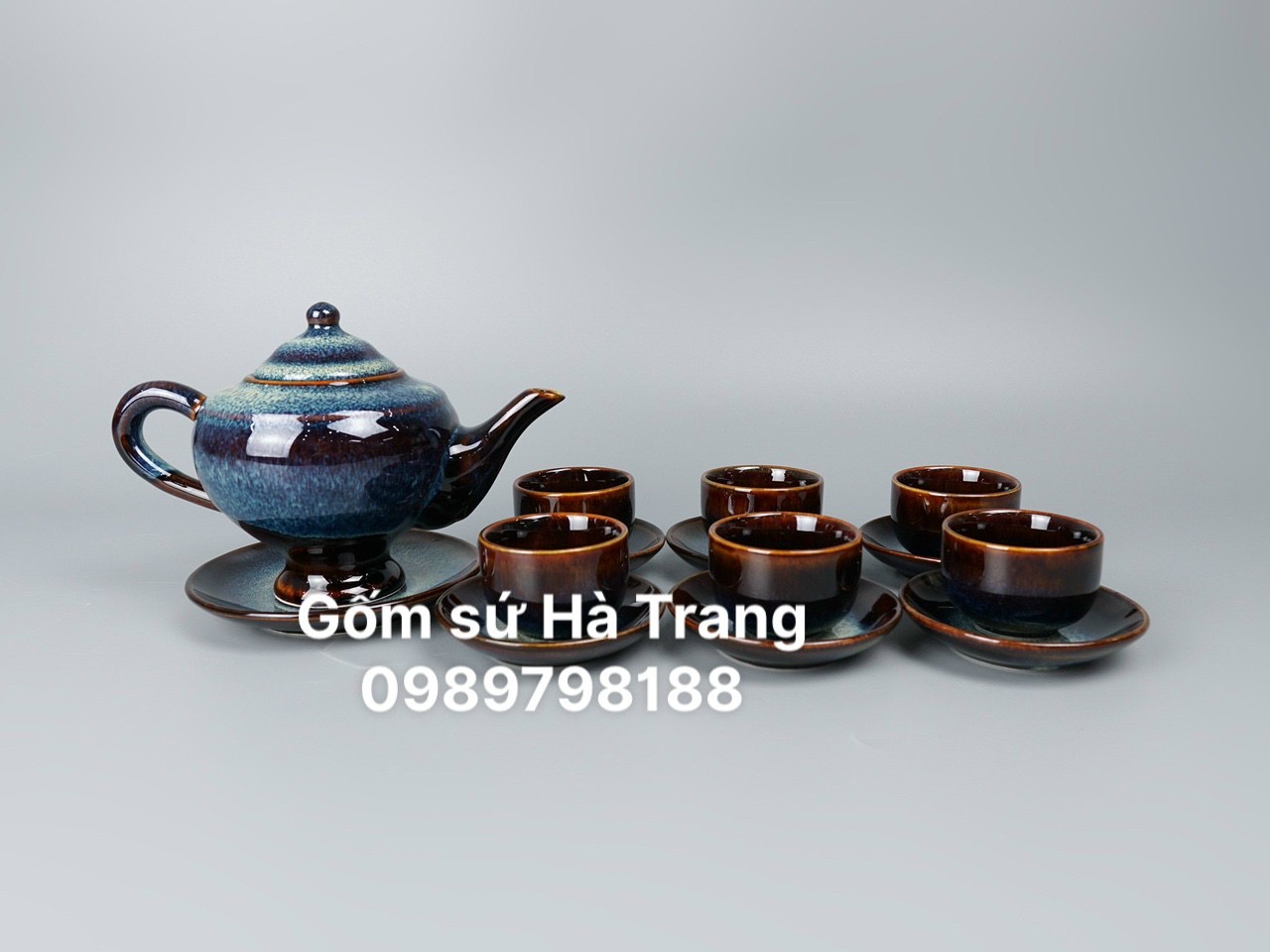 Bộ trà gốm sứ Bát Tràng cao cấp men hoả biến thiên thanh dáng ấm đèn thần