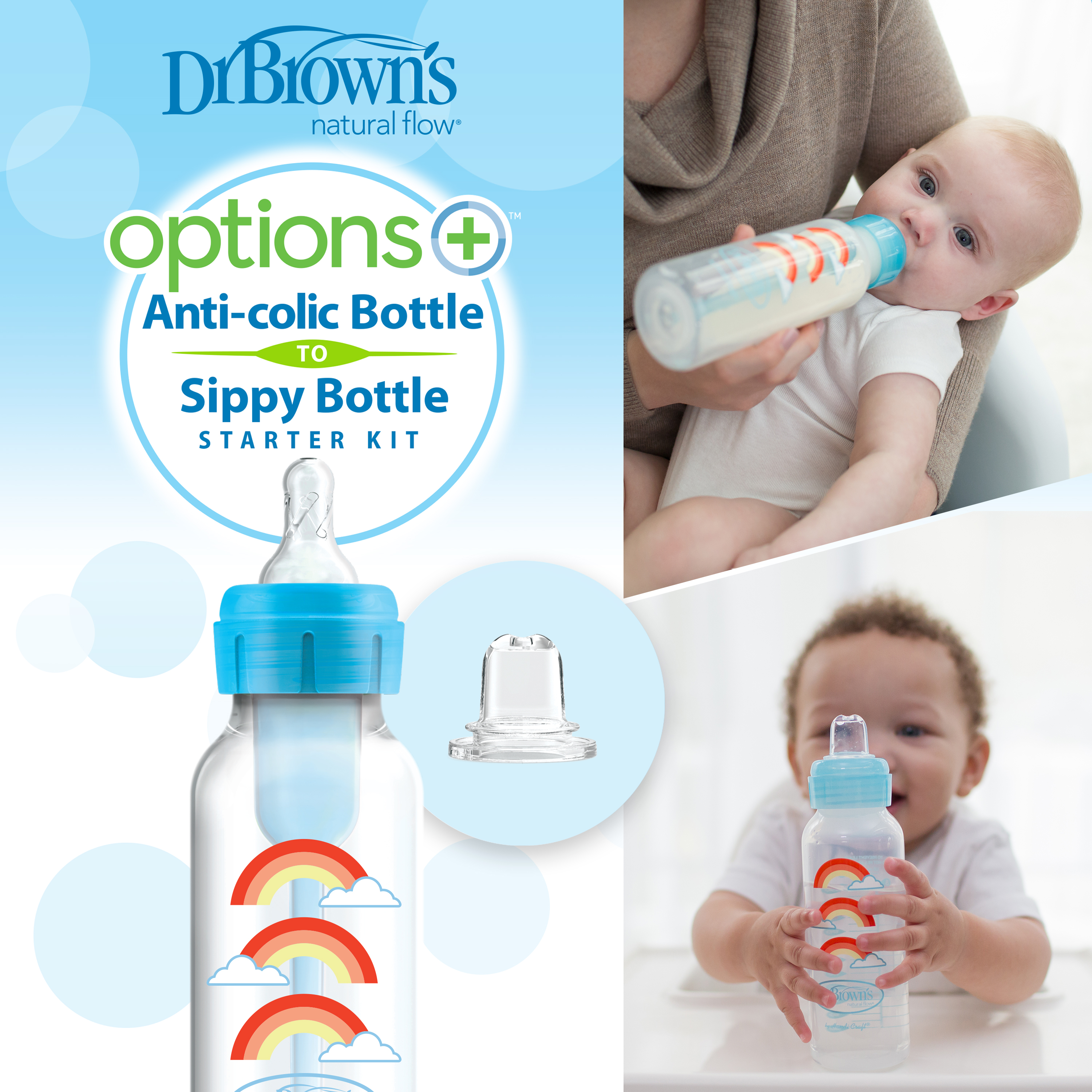 Bình sữa Dr.Brown's cổ thường 250ml nhựa PP Options Plus dòng chuyển đổi 2 giai đoạn