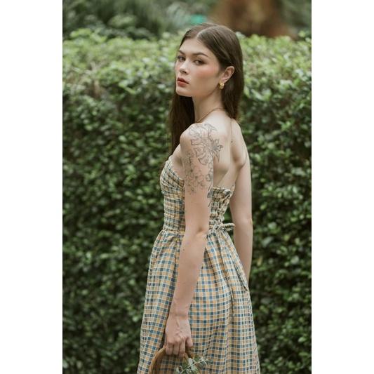 OLALASTUDIO đầm quây ô vuông mix 2 màu vàng xanh Soonnet Midi Dress