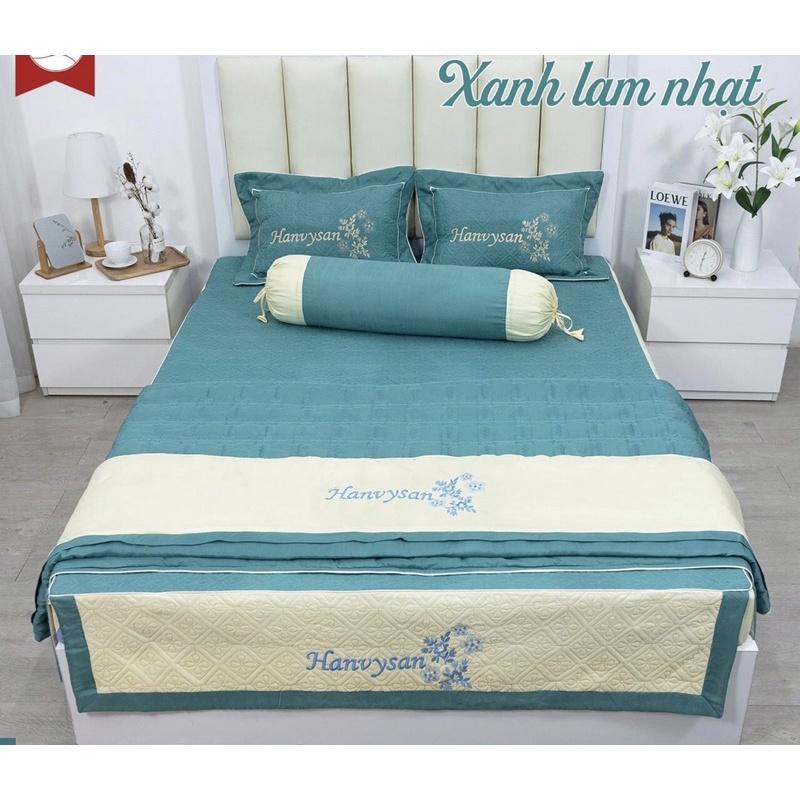 Set 3 món ga phủ và 2 vỏ gối cotton satin trần bông hàng màu thêu siêu đẹp