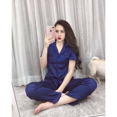 Đồ Bộ Pijama Lụa Mặc Nhà Viền Bèo Tay Cộc Phối Quần Dài