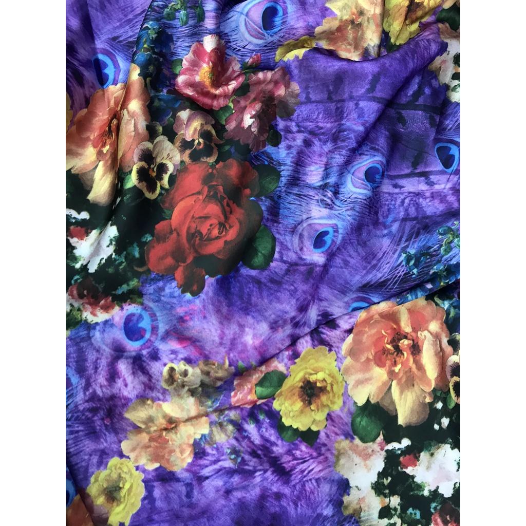 Vải lụa Satin hoa đều nền tím may áo kiểu đầm MS1598