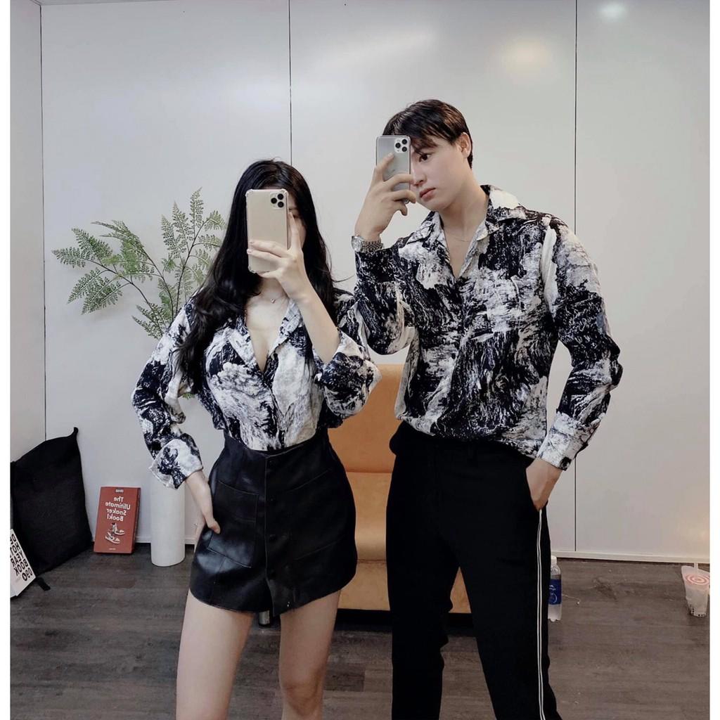 Áo Sơ Mi Đôi Nam Nữ Hoạ Tiết Aru Shop