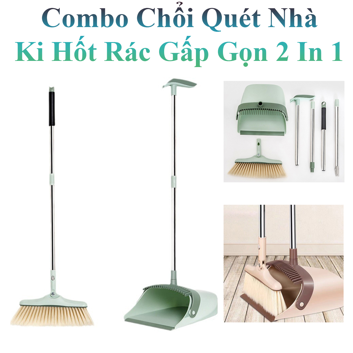 Combo Chổi Quét Nhà Và Ki Hốt Rác Gấp Gọn 2 In 1