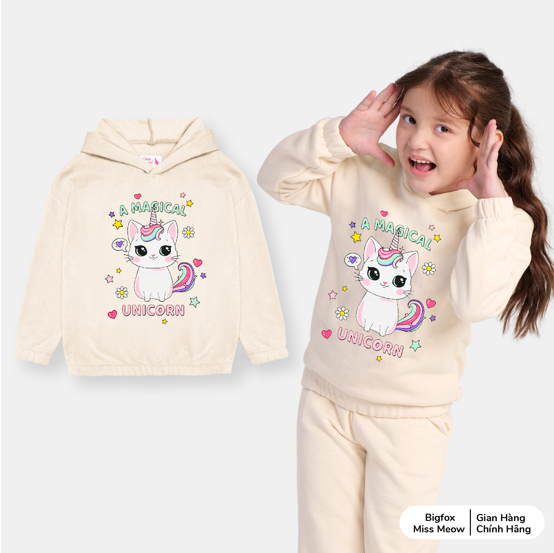 Áo nỉ bé gái Bigfox Miss Meow size đại, áo nỉ bông cho bé gái thu đông ấm áp hình in xinh xắn size trẻ em 3,4…10,11 tuổi