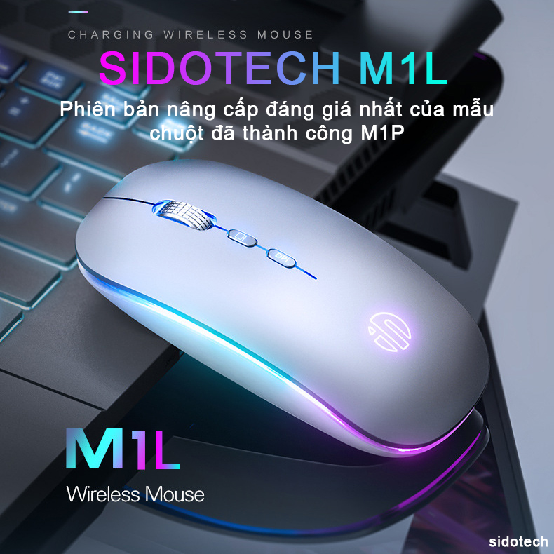 Chuột không dây wireless sạc pin Sidotech M1L bản nâng cấp chuột bluetooth của M1P thiết kế silent tắt tiếng click có LED con lăn kim loại tinh tế dòng chuột sạc pin 1 lần dùng 2 tháng dùng cho máy tính laptop tivi - Hàng Chính Hãng