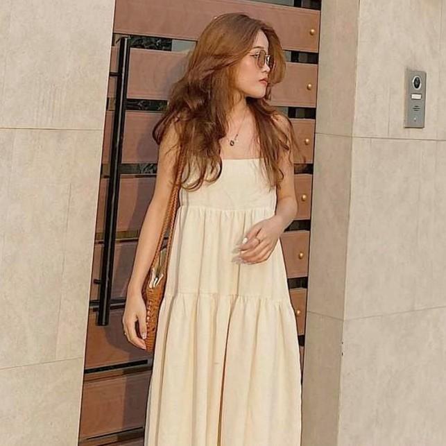 Váy bầu 2 dây - váy maxi babydolls vải đũi mềm dáng rộng màu be