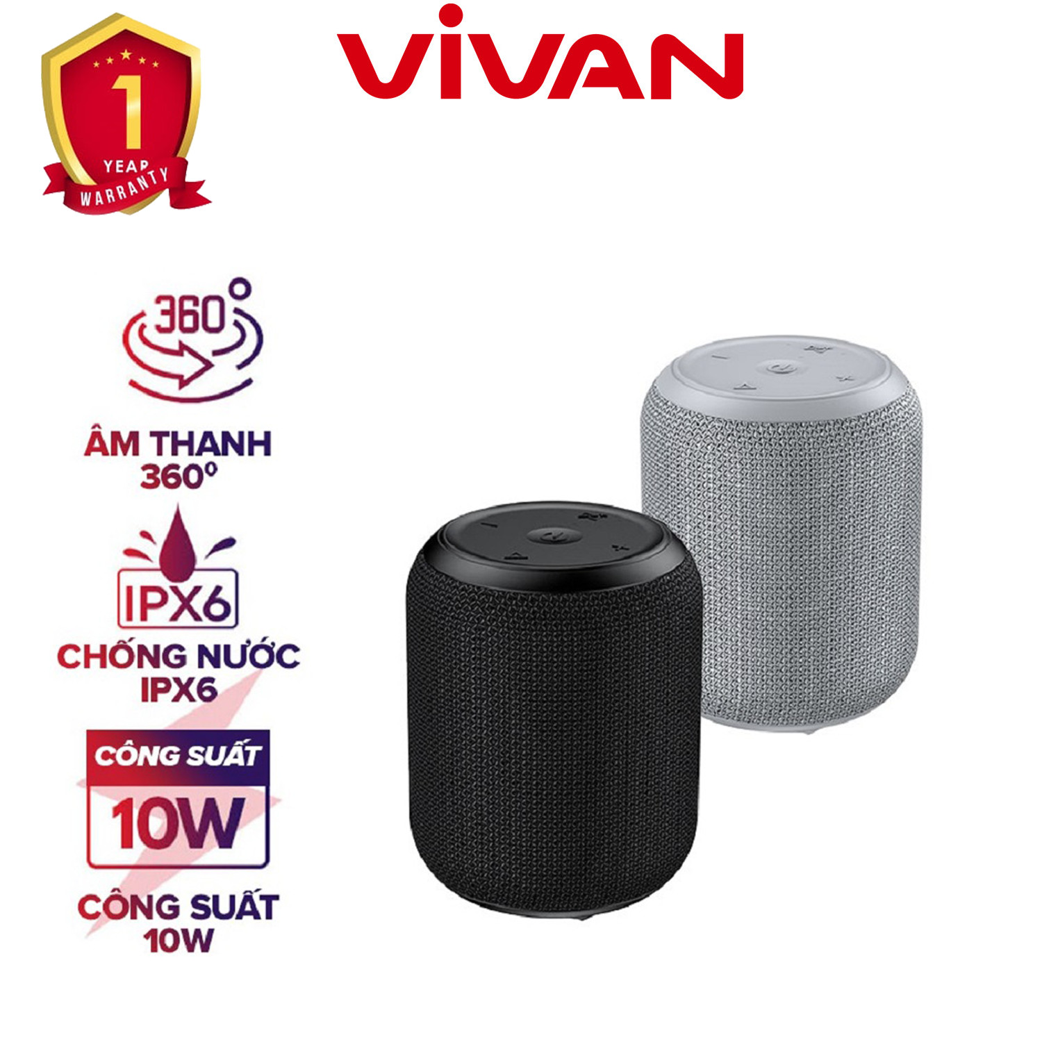 Loa Bluetooth 5.0 VIVAN VS12 Hi-Fi Công Suất 10W - Chống Nước IPX6 - Hàng Chính Hãng