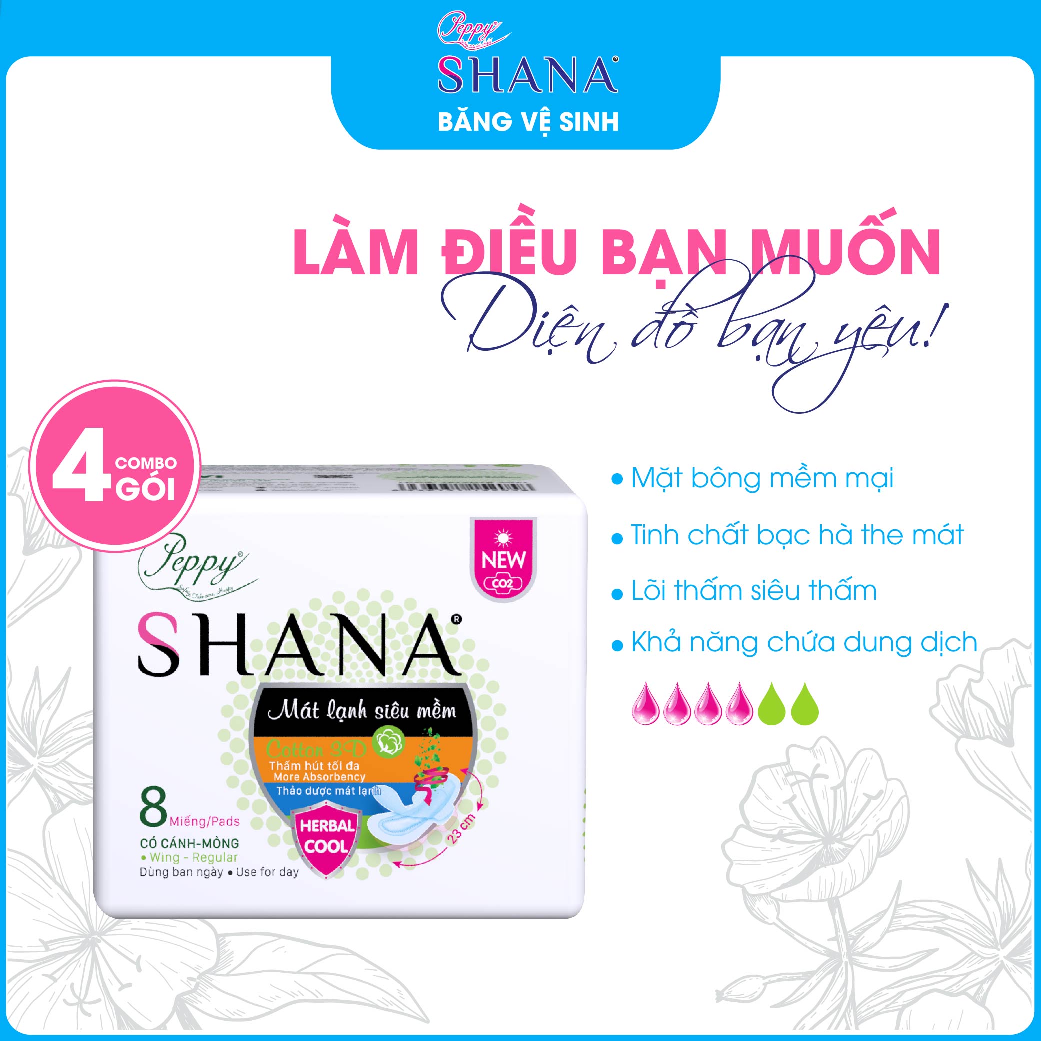 Combo 4 gói băng vệ sinh SHANA siêu mềm