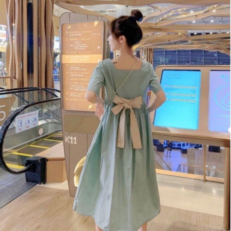 Đầm bầu babydoll thắt nơ lưng xinh xắn, Váy bầu cho mẹ mặc trước và sau sinh