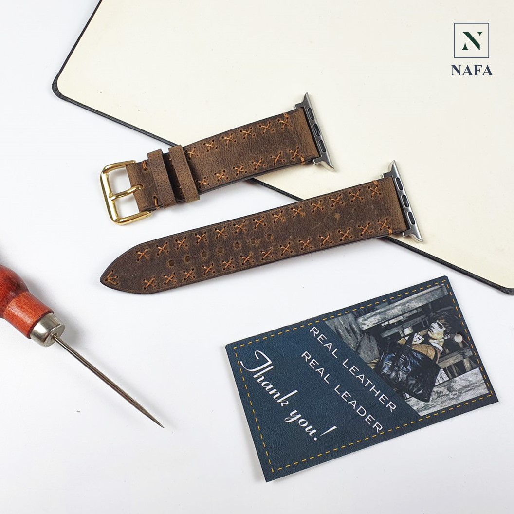Dây đồng hồ nam handmade thủ công da bò sáp NAFA AL117 đường may bền bỉ, tinh tế
