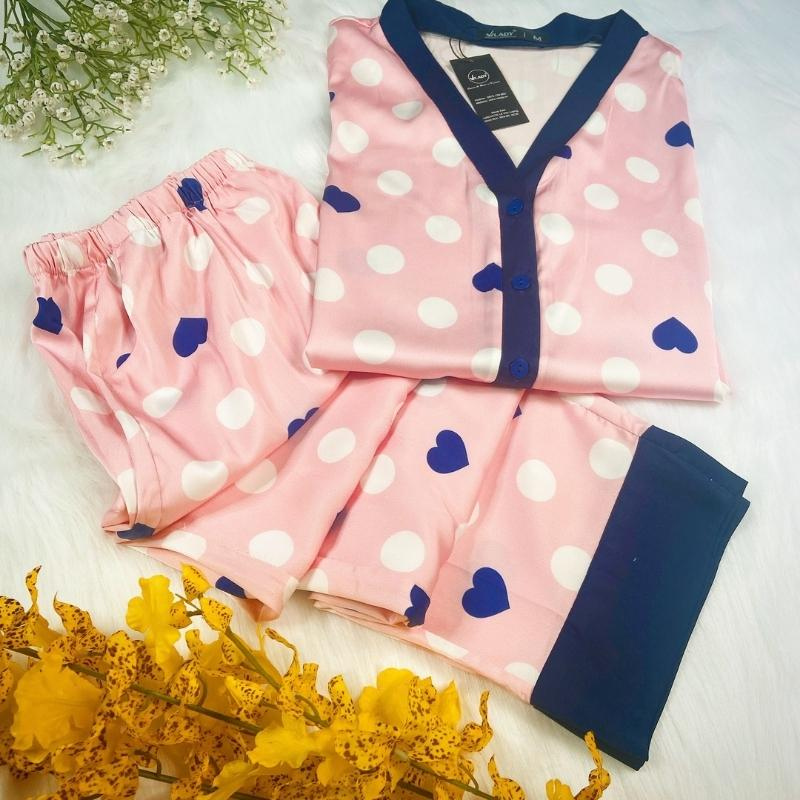 Đồ bộ pyjama nữ, đồ mặc nhà cao cấp VILADY - B103 kiểu cổ V tay dài quần dài họa tiết chấm Bi màu hồng, chất liệu lụa Pháp siêu mát