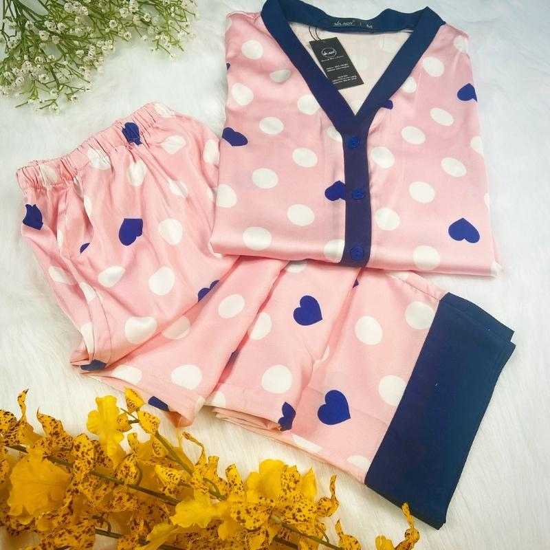 Đồ bộ pyjama nữ, đồ mặc nhà cao cấp VILADY - B103 kiểu cổ V tay dài quần dài họa tiết chấm Bi màu hồng, chất liệu lụa Pháp ( lụa latin) siêu mát