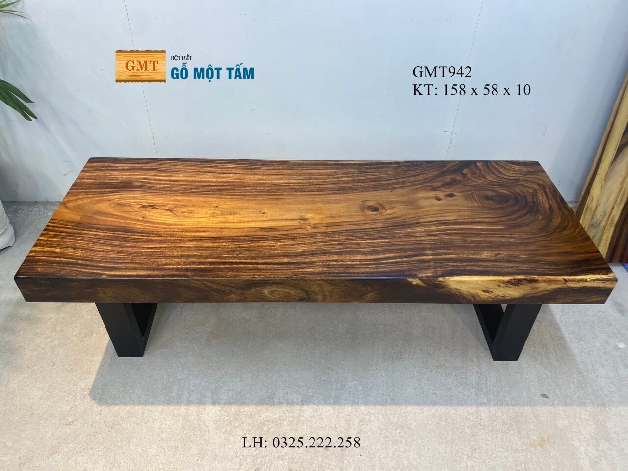 Bàn Gỗ Me Tây Nguyên Tấm, Bàn Sofa Gỗ Me Tây, Bàn Cafe Gỗ Me Tây Dài 1,58m Rộng 58cm Dày 10cm