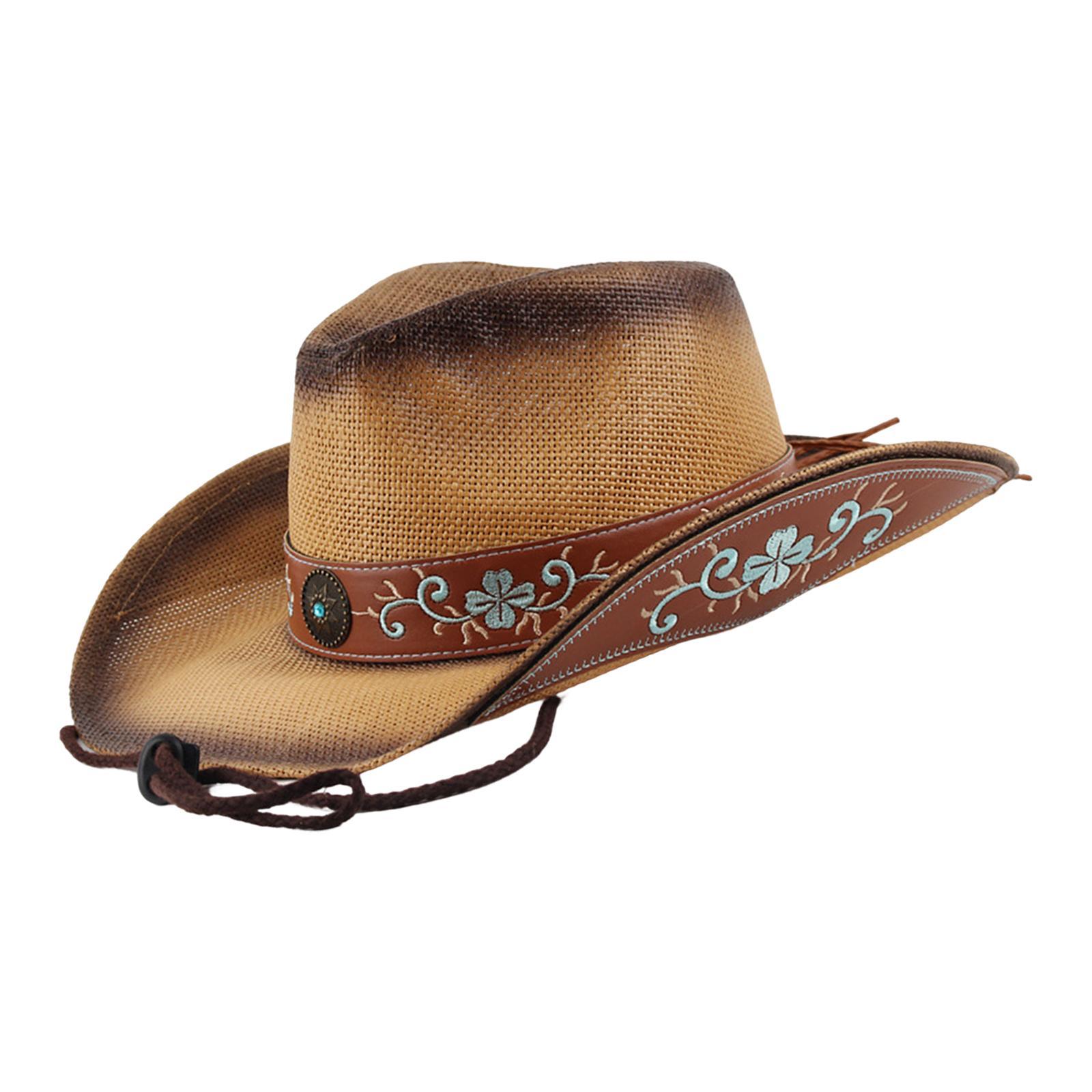 Western Style Cowboy Hat Women Men Wide Roll up Brim Outdoor Sun Hats with Chin Strap Versatile Jazz Caps Sun Protection for Festivals Travel