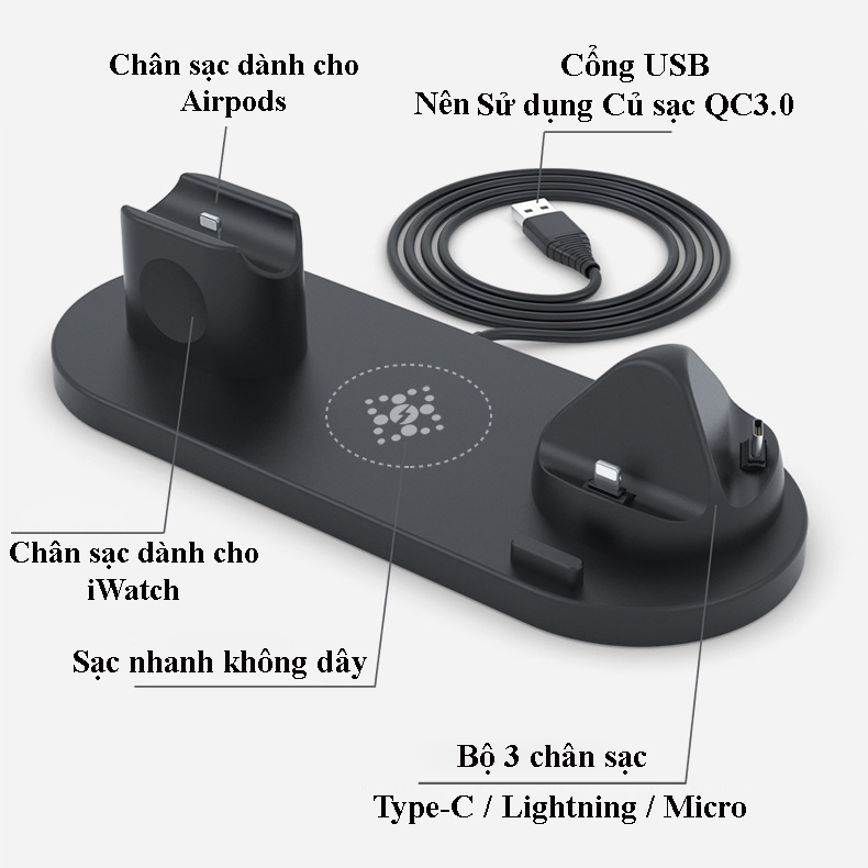 Đế sạc không dây đa năng 6 in 1, sạc nhanh không dây, dành cho iphone, sam sung, AirPods, Apple Watch