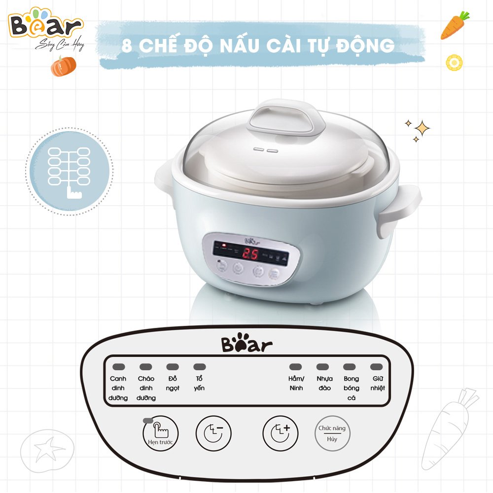 Nồi Nấu Chậm 2,5L Bear SUBE003 Đa Năng Hầm Cháo, Chưng Yến Bản Quốc Tế - Hàng Chính Hãng