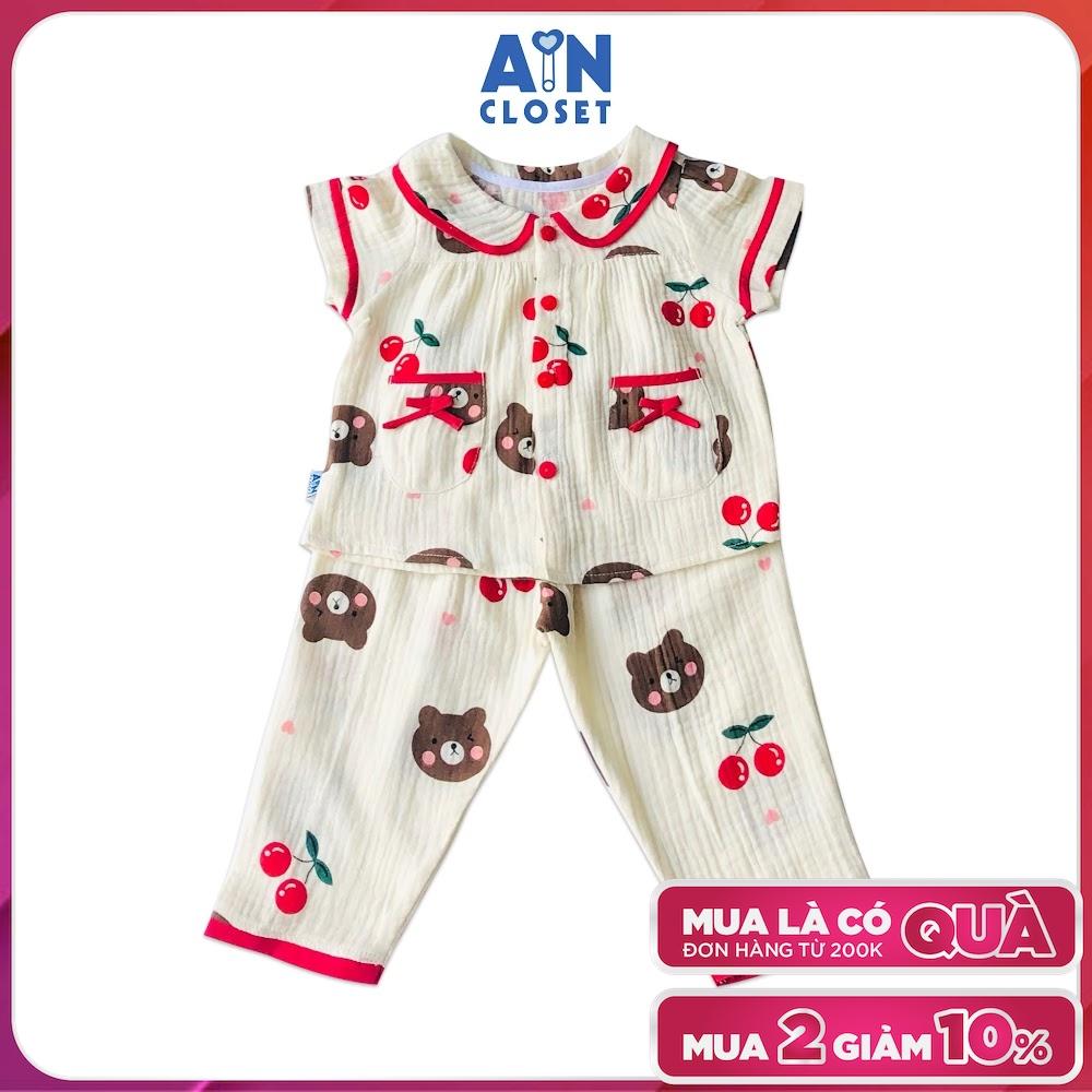 Bộ quần dài áo tay ngắn bé gái họa tiết Cherry Gấu xô muslin - AICDBG6GEAYS - AIN Closet