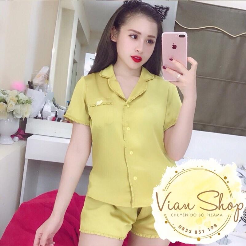 Bộ đồ pijama, Bộ lụa cộc đùi viền bèo chất liệu satin mát lịm