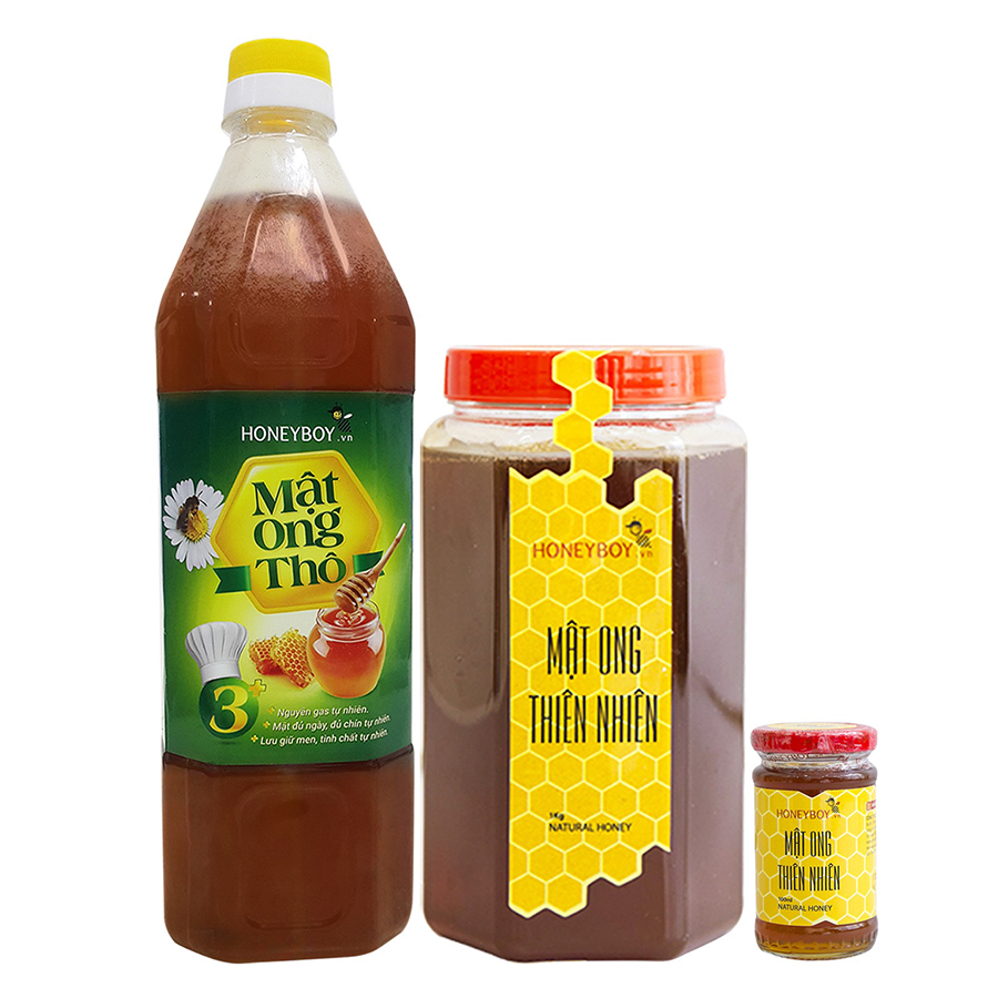 Combo Mật Ong Thiên Nhiên Honeyboy (1kg) + Mật Ong Thô Honeyboy (1L) - Tặng Mật Ong Thiên Nhiên Honeyboy (100ml)