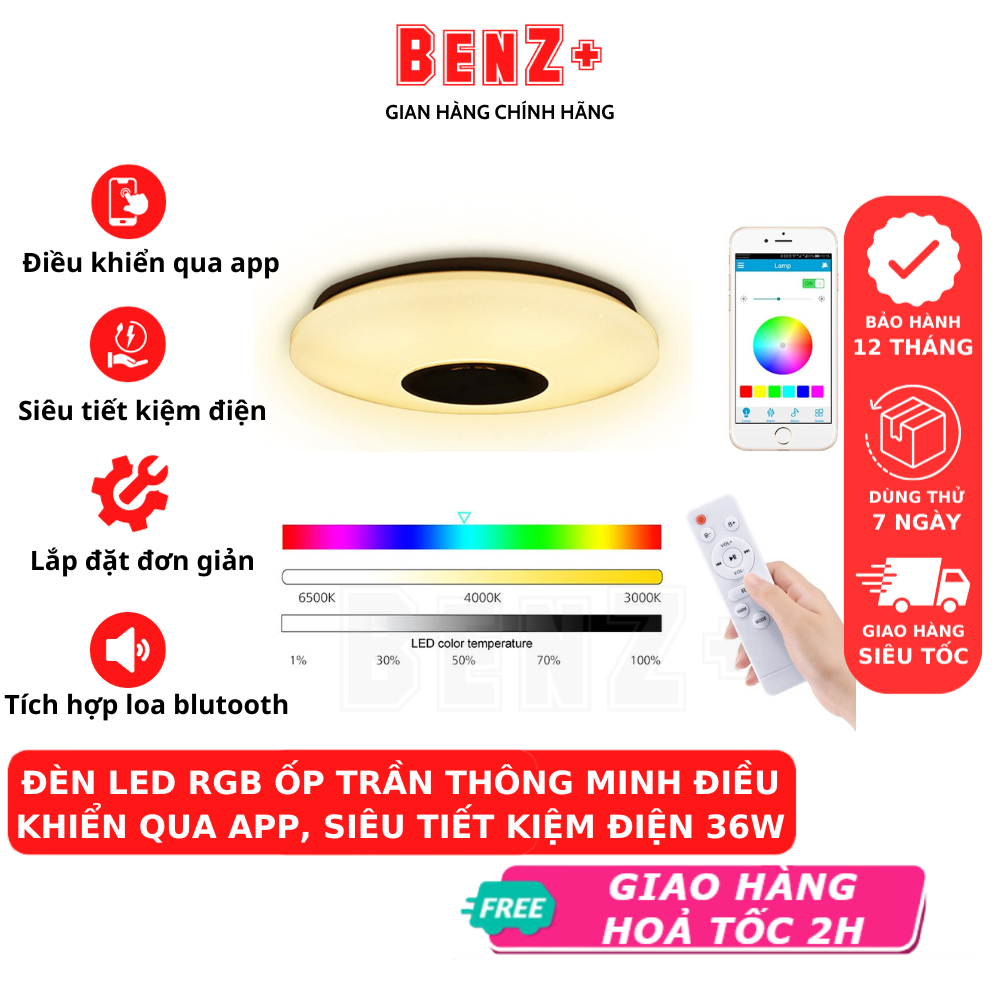 Đèn led ốp trần thông minh trang trí phòng khách, phòng ngủ, phòng ăn tích hợp loa bluetooth điều khiển qua App, remote