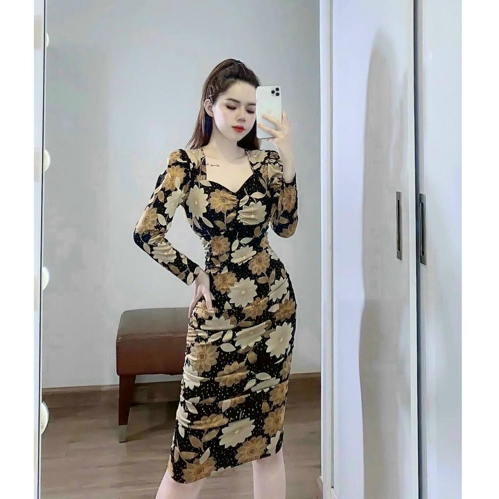 Đầm body dài nhún sườn hoạ tiết hoa kèm mút