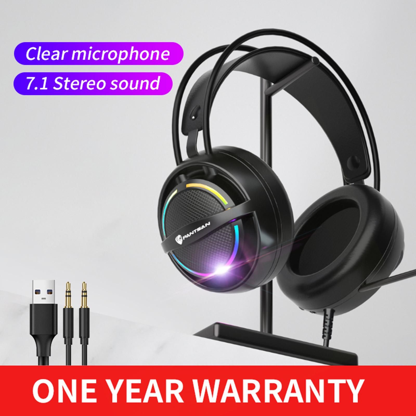 PC Gaming Headset with Microphone 7.1 Surround Sound Wired Over Ear USB Computer Gaming Headset Headphone with Detachable Mic and LED Light for Laptop