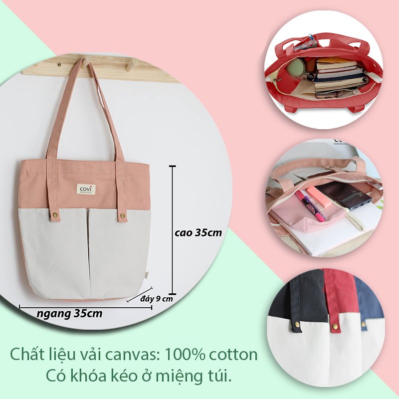 Túi tote vải canvas phom đứng phối 2 nút trước thời trang COVI nhiều màu sắc T8_màu đỏ