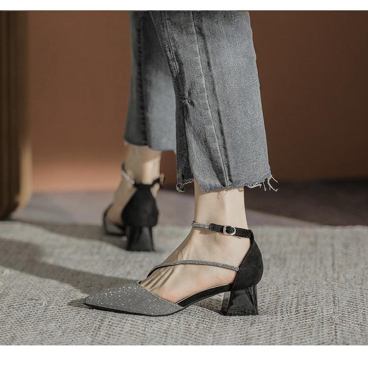 Giày Sandal Cao Gót Mũi Nhọn Đính Đá Chất Liệu: Da Lộn Ở Gót Mềm Cao Cấp, Đế Cao Su 030