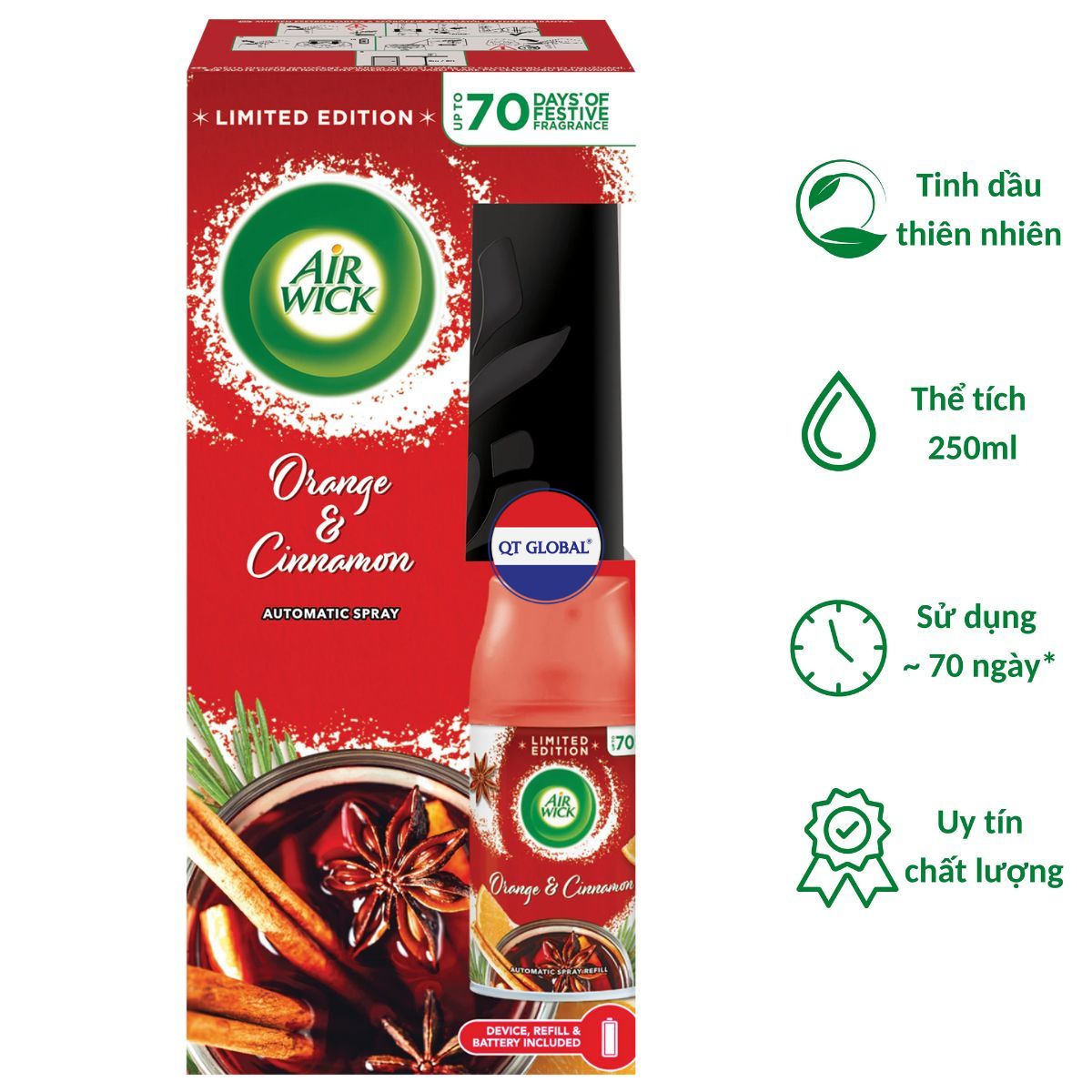 Bộ xịt thơm phòng tự động Air.Wick Orange &amp; Cinnamon 250ml QT09424 - hương cam, quế