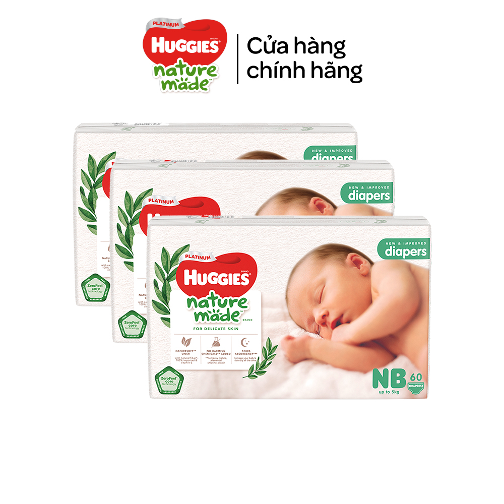 Thùng 3 gói Tã/Bỉm dán sơ sinh Huggies Platinum NatureMade NB60/S82/M64/L54/XL44