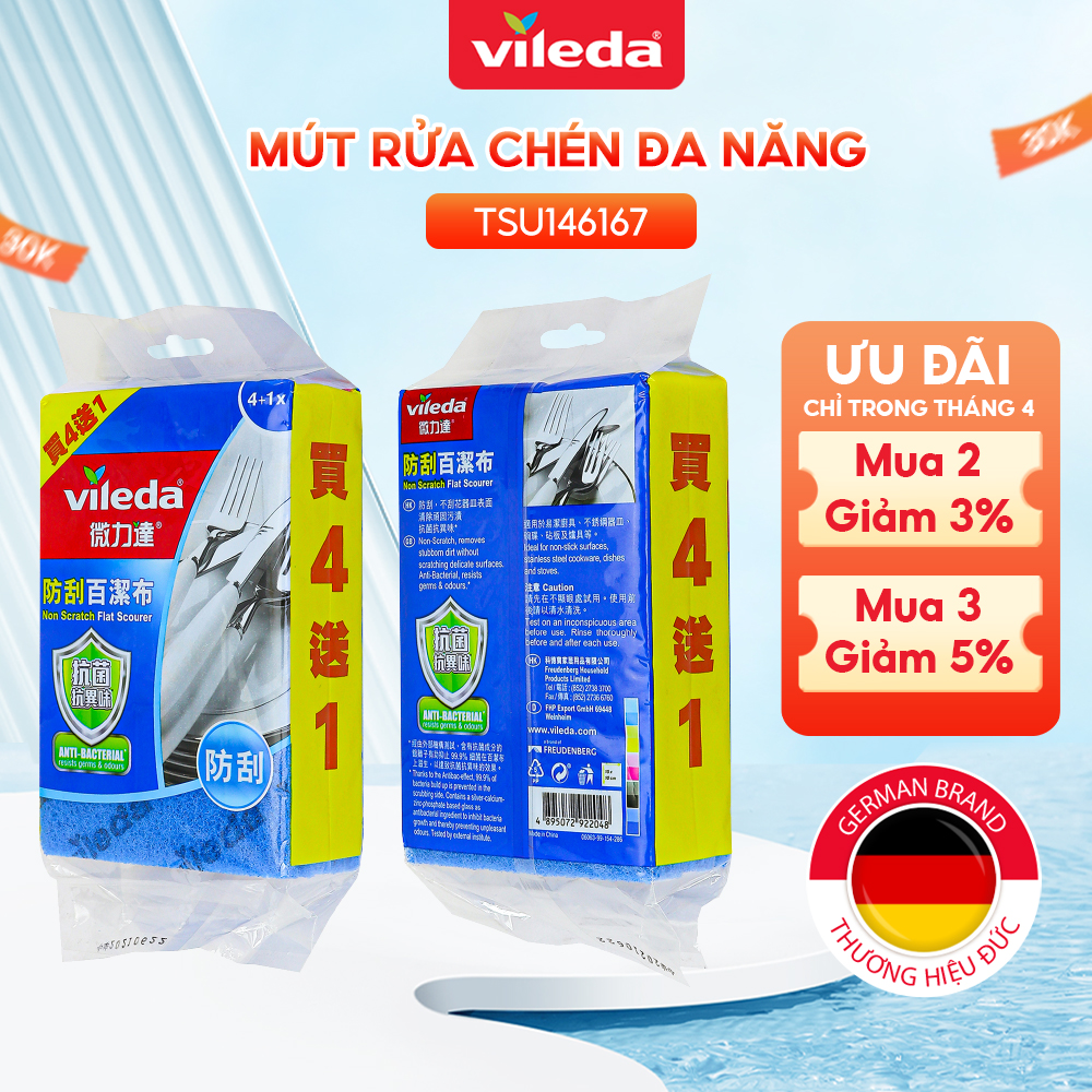 Miếng rửa chén chống xước nhà bếp VILEDA gói 5 miếng loại cứng, không rách, không mủn - TSU156167