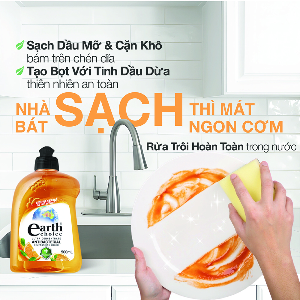 Nước rửa chén đậm đặc kháng khuẩn Earth Choice 500ml