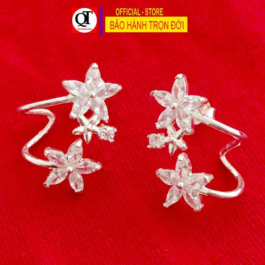Khuyên tai hoa Mai cánh gắn đá hạt thóc thời trang chất liệu bạc ta chốt đeo sát tai trang sức Bạc Quang Thản - QTBT141