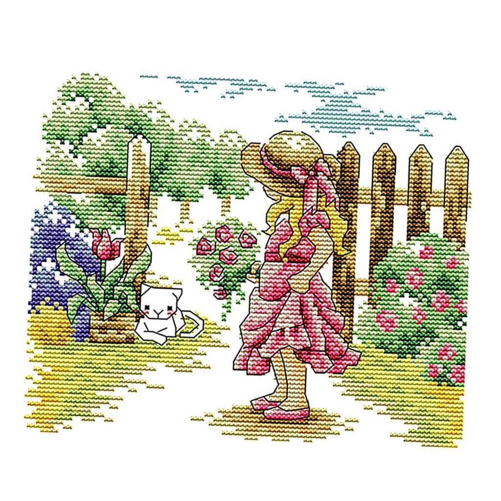 Girl in Garden Stamped Cross Stitch DIY Handmade Needlework 26x21cm 14CT