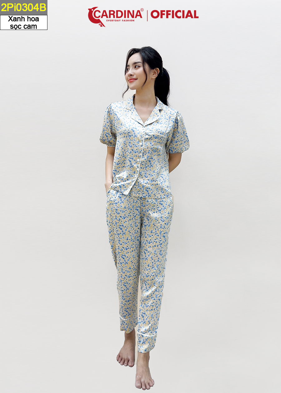 Đồ Bộ Pijama Nữ CARDINA Chất Lụa Satin Nhật Cao Cấp Áo Tay Phồng Quần Dài Họa Tiết Trẻ Trung 2Pi03
