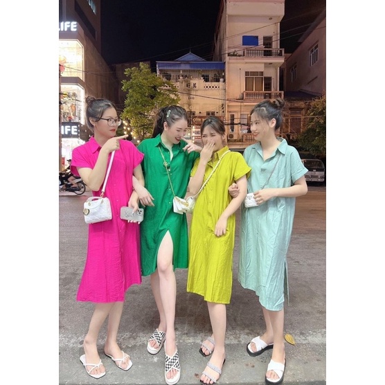 Váy sơ mi kẻ trơn đũi nhiều màu tay hến đi biển - Đầm suông sơ mi dáng dài freesize dạo phố xinh xắn