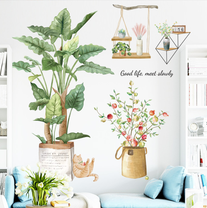 Decal trang trí tường - Cây lựu đỏ và chú mèo