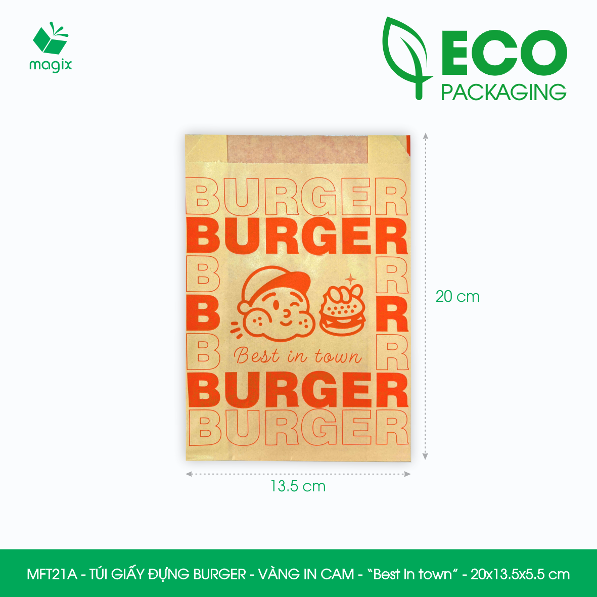 MFT21A - 20x13.5x5.5 cm - 500 Túi giấy Kraft đựng hamburger, túi giấy burger, túi đựng thực phẩm